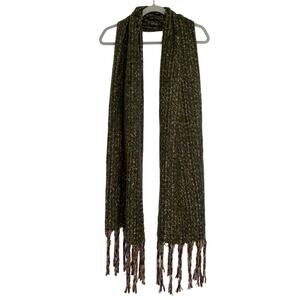Free People Boho Wide Knitted Multi-Color Green Scarf Fringe Ends